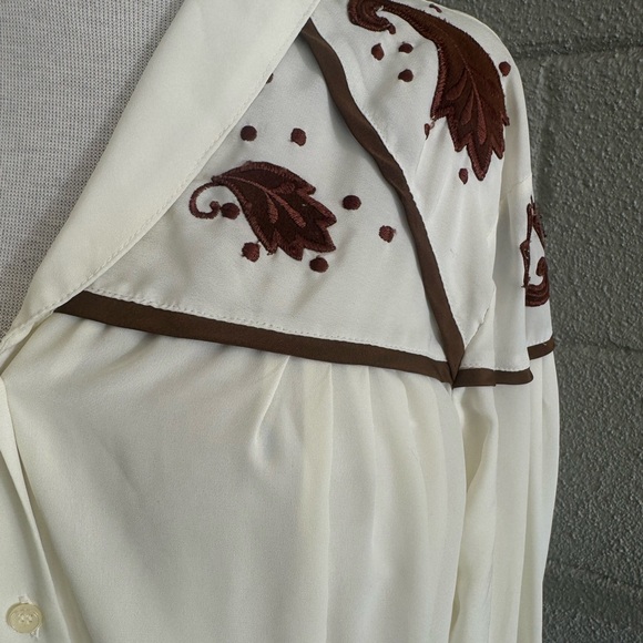 Vtg 80s ERENA By Irene Koenig Ivory Embroidered Pleated Blouse Sz 10 French Cuff - Picture 6 of 9